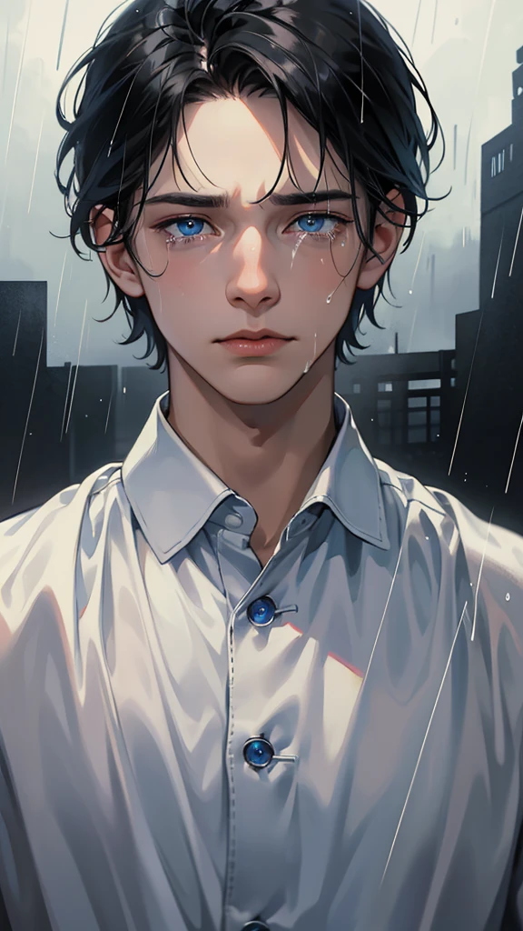 a guy looking into the light surrounded by rain 1boy, male focus, blue eyes, tears, solo, black hair, portrait, crying