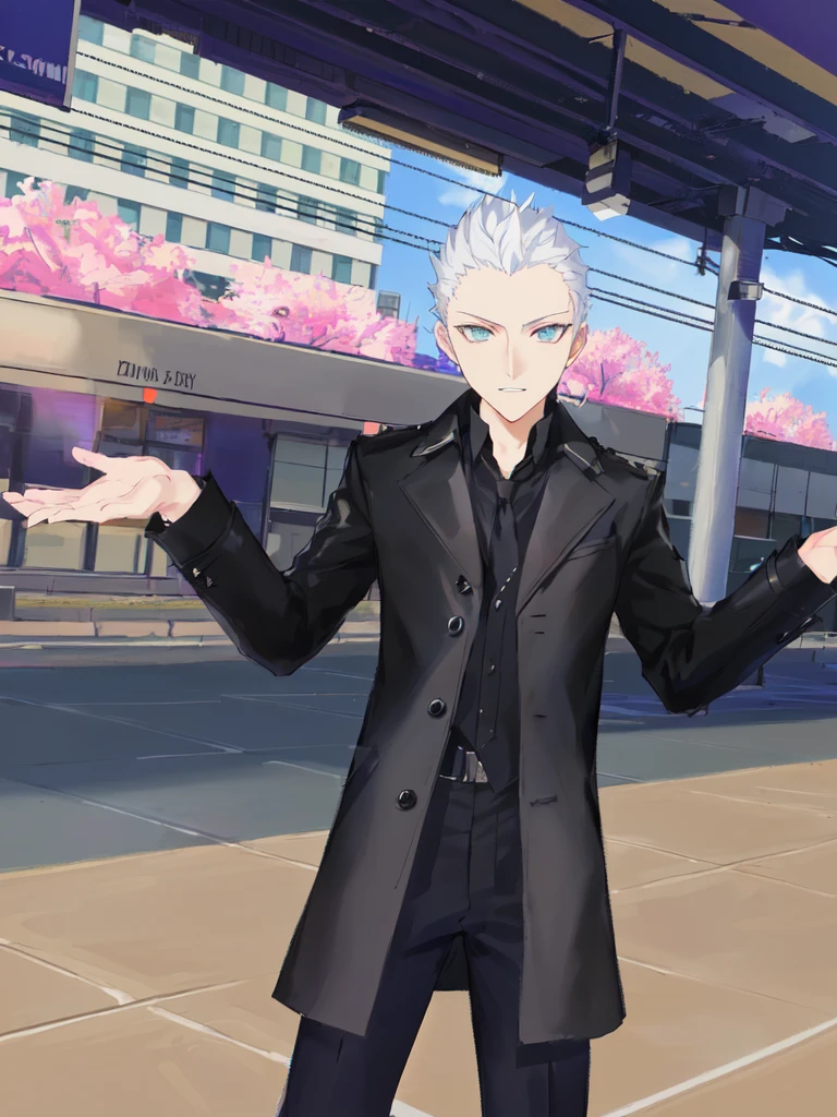anime character dressed in black standing on a city street, dapper dream demon, he has dark grey hairs, fashion gameplay screenshot, persona 5 phantom thief style, live2d virtual youtuber model, persona 5 style, cloth sim, killua zoldyck hair, in - game, in-game, using blind fold.