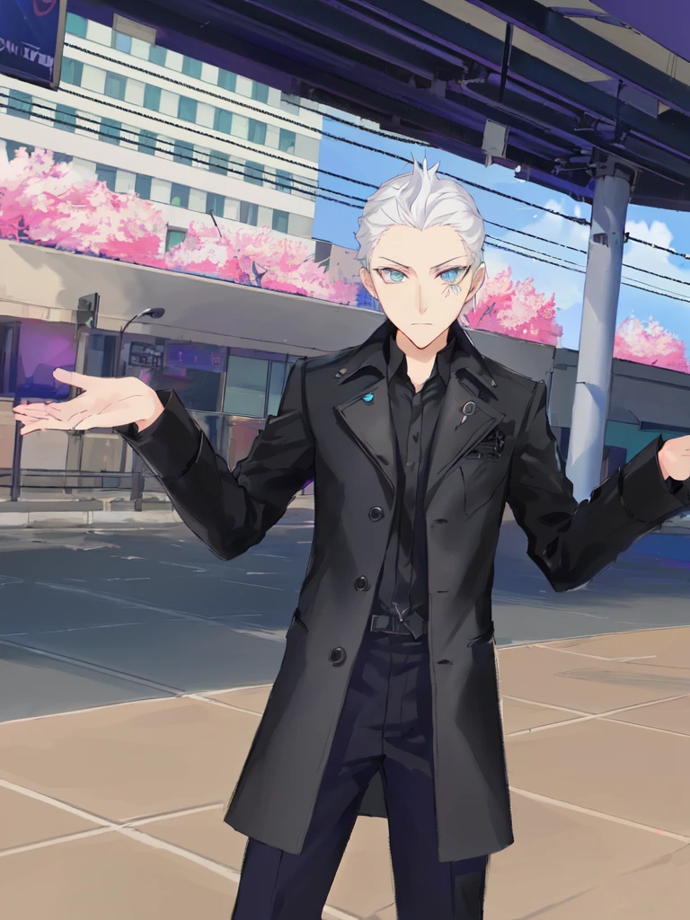 anime character dressed in black standing on a city street, dapper dream demon, he has dark grey hairs, fashion gameplay screenshot, persona 5 phantom thief style, live2d virtual youtuber model, persona 5 style, cloth sim, killua zoldyck hair, in - game, in-game, using blind fold.