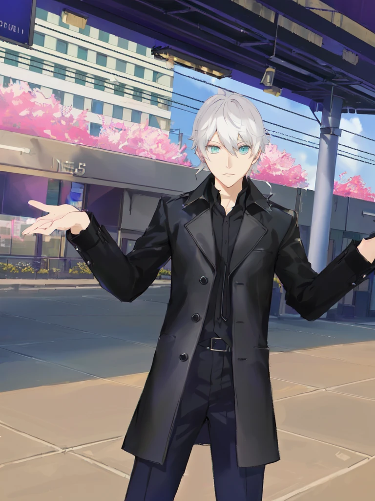 anime character dressed in black standing on a city street, dapper dream demon, he has dark grey hairs, fashion gameplay screenshot, persona 5 phantom thief style, live2d virtual youtuber model, persona 5 style, cloth sim, killua zoldyck hair, in - game, in-game, using blind fold.