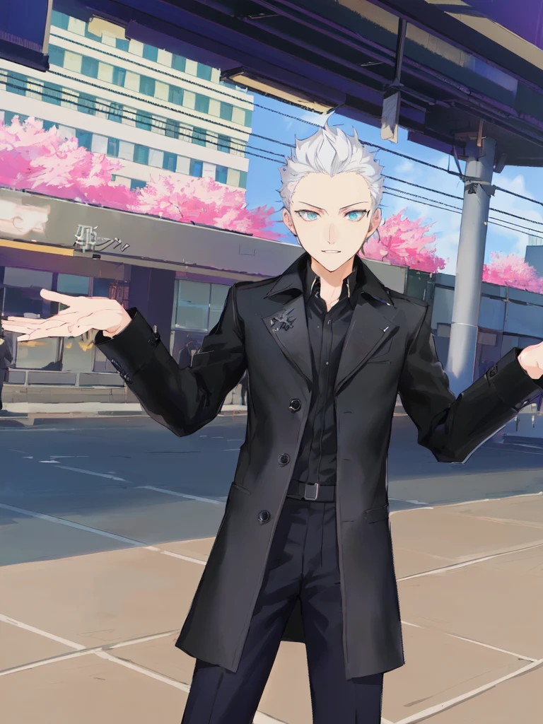 anime character dressed in black standing on a city street, dapper dream demon, he has dark grey hairs, fashion gameplay screenshot, persona 5 phantom thief style, live2d virtual youtuber model, persona 5 style, cloth sim, killua zoldyck hair, in - game, in-game, using blind fold.