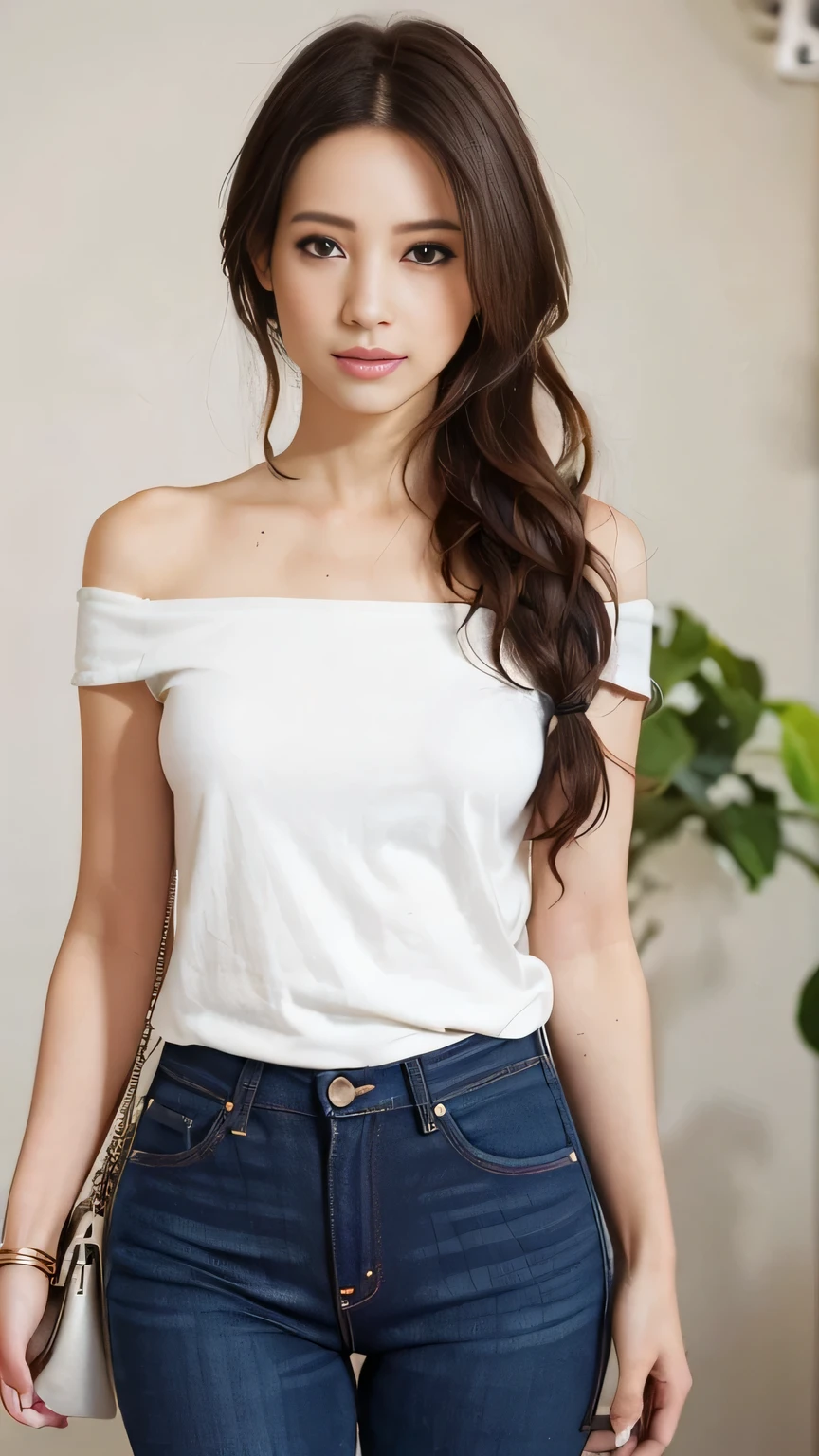 One girl,Highest quality,masterpiece,figure,Very delicate and beautiful,CG,Unity,8k wallpaper,wonderful,In detail,masterpiece,Official Art,Highly detailed off-the-shoulder T-shirt:1.4),(Skinny jeans:1.3),(Woven_Handbags:1.2),