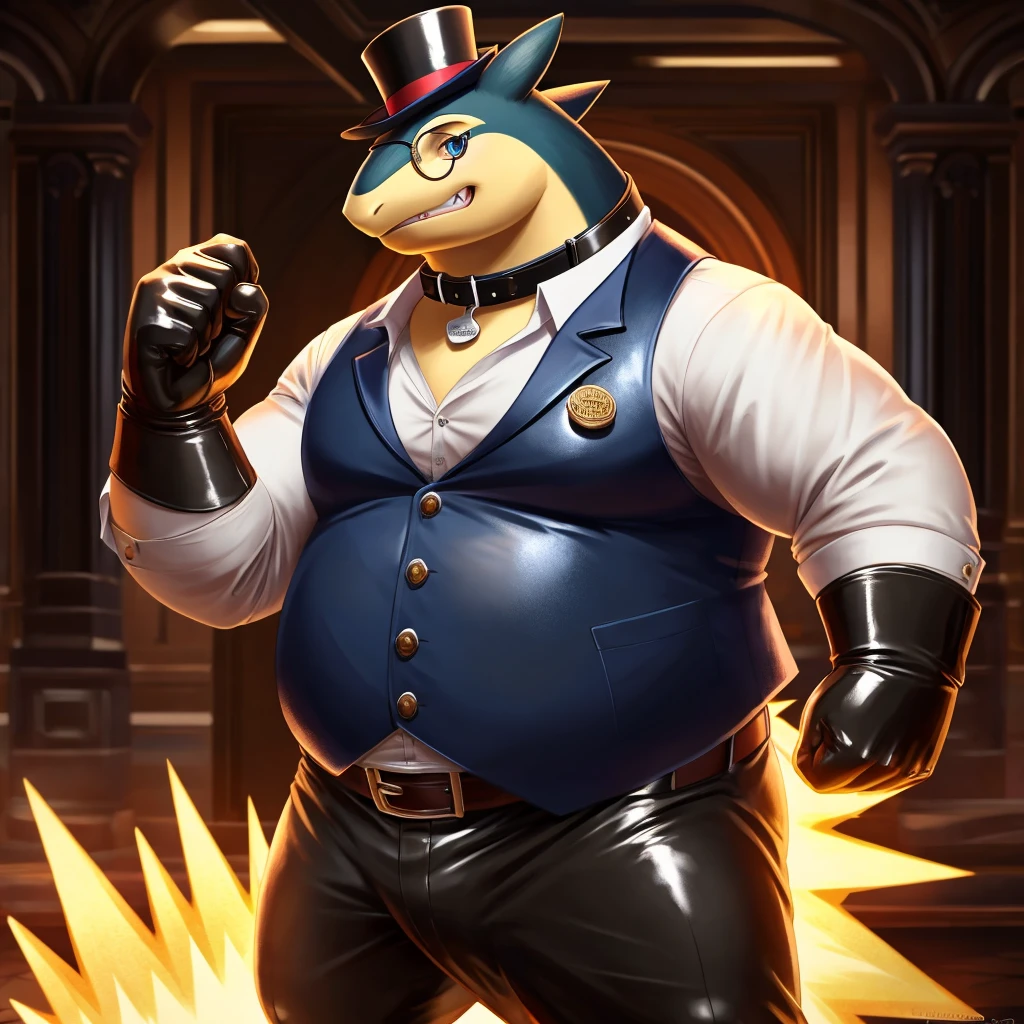Solo, Male, fat, extremely obese, gentleman, dapper Professor Typhlosion, blue eyes, (posing:1.3), (soft shading), 4k, hi res, ((detailed face, detailed)), looking at viewer, mouth wide open, steampunk, dapper clothing, collared shirt with buttons, top hat, male focus, Explorer Outfit, glasses, monocle, vest with buttons, sleeves rolled up, round eyewear, brown headwear, brown vest, office, Typhlosion is wearing a glossy leather dog collar around the neck, Typhlosion is wearing the leather collar and shirt and vest at the same time, Typhlosion is wearing glossy white rubber gloves on the hands, wearing white rubber gloves on the feet, gloves are rubber in texture, clenching teeth, clenching fists, leather collar is glossy and shiny with a lot of detail, Typhlosion is wearing gloves and leather collar at the same time, leather collar has a round dog-tag, leather collar is thick and detailed, leather collar is glossy and shiny, fancy clothing, dapper vest, dapper shirt, leather collar is thick, glossy leather collar.