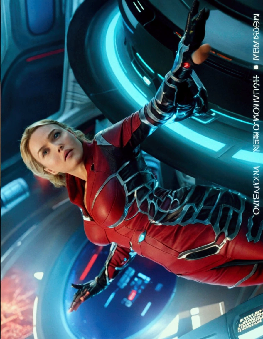 Araffe in a red leather jacket leaning on a circular object, Kristanna Loken, Natalie Portman and Star Trek, science fiction movie still, as a retrofuturistic heroine, Frame of the Avengers, Epic Sci-Fi Movie Still, science fiction movie frame, an Epic Sci-Fi Movie Still, Elizabeth Olsen as Scarlet Witch, in a science fiction movie, wonder movie still