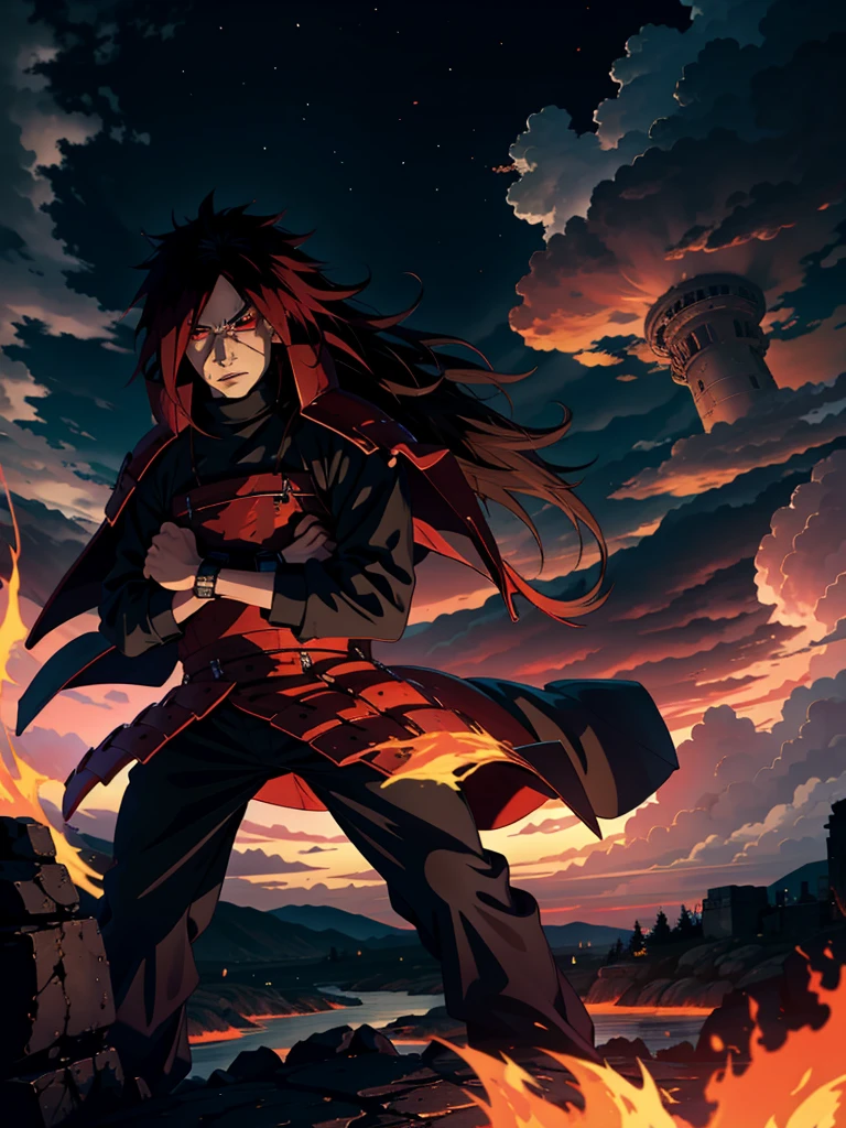 1male, style uchiha Madara, wearing a coat pant, best quality, ultra-detailed, realistic:1.37, HDR, portrait, dark shadows, intense gaze, pupilas espiral vermelha, long, flowing hair, powerful stance, bold brushstrokes, vibrant colors, dramatic lighting, ancient warrior, fierce expression, background of flames, billowing smoke, ominous atmosphere.