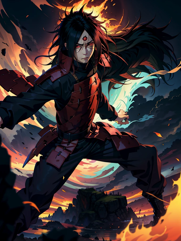 1male, style uchiha Madara, wearing a coat pant, best quality, ultra-detailed, realistic:1.37, HDR, portrait, dark shadows, intense gaze, pupilas espiral vermelha, long, flowing hair, powerful stance, bold brushstrokes, vibrant colors, dramatic lighting, ancient warrior, fierce expression, background of flames, billowing smoke, ominous atmosphere.