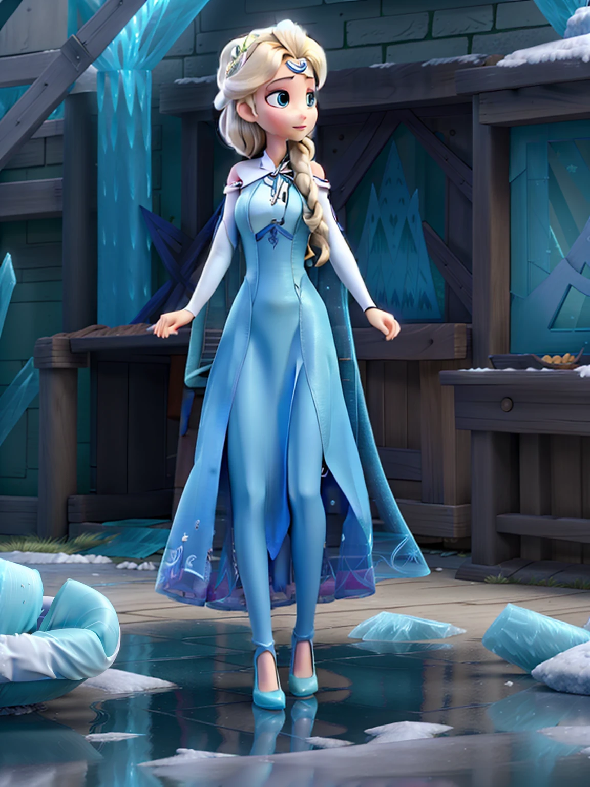 ((Full body shot, standing, feet on the ground)) Elsa of arendelle, wearing spidergwen costume, spidergwen costume, elsa of arendelle, blue ice dress, single braid, ice hair band