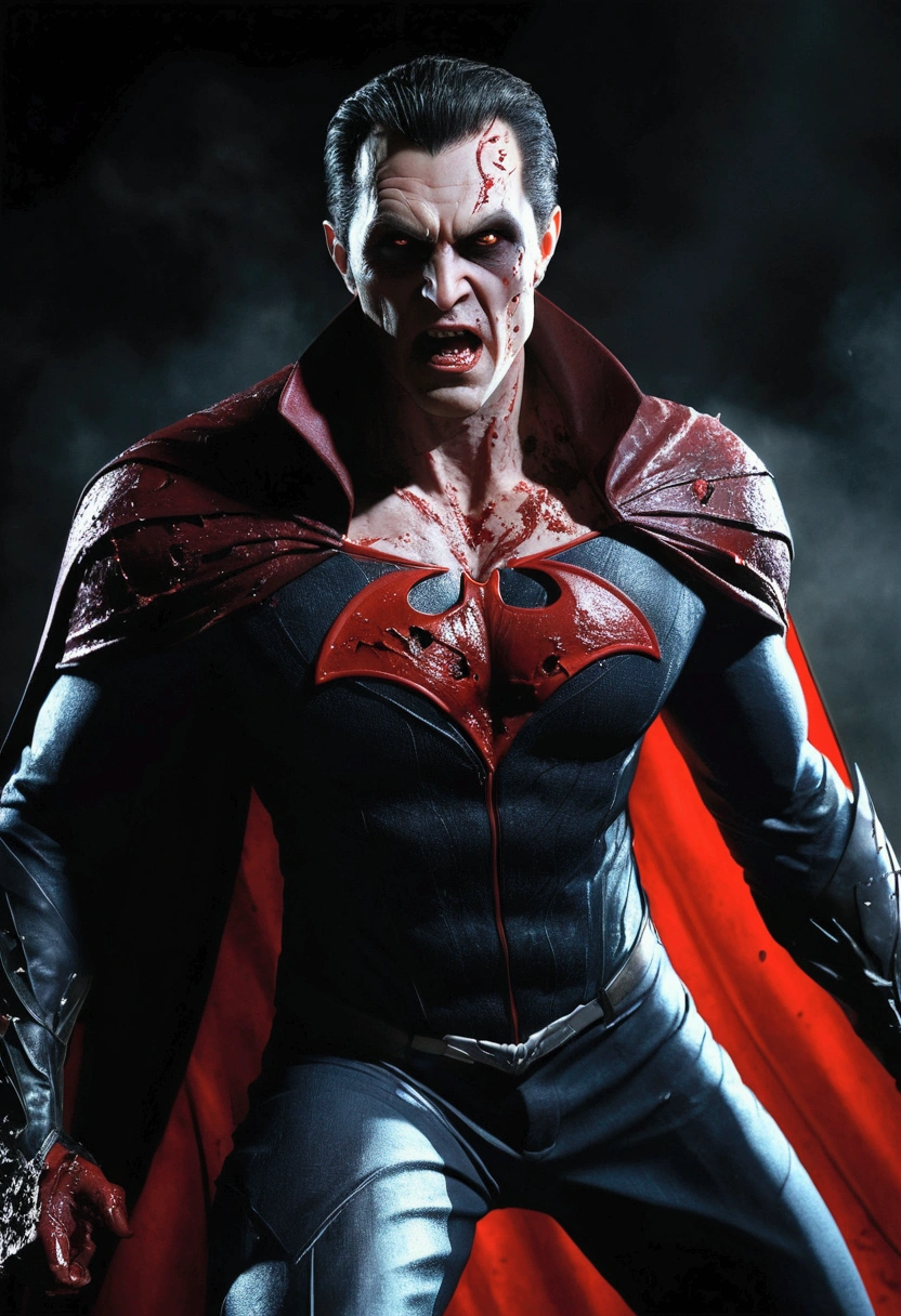 vampire super hero, dc comics, dc, movie quality,  anti hero, antagonist, damaged, ripped suit, blood, gashes, showing face, intricate detail, highly detailed, volumetric lighting, 4k rendering, stock photo, ultra-realistic, realistic textures, dramatic lighting, depth of field, film, (very wide angle: 1.3), dark light, wide angle INFO