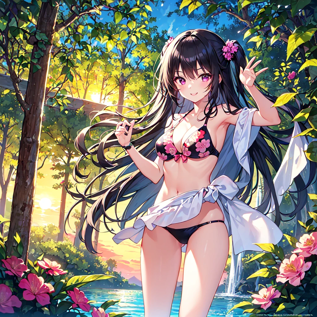 masterpiece, best quality, high quality, extremely detailed, very delicate and beautiful, (1 female 18 years old solo:1.5), (long black hair up to waist with two side up:1.5), bangs to eyebrows, eyes (eyes sharp, strong, glossy, glossy eyebrows), (eye color magenta:1.3), 6.5 head height, (bikini swimsuit summer flower print:1.3), ruffled, (smiling), (standing:1.3), (dynamic pose), (background waterfall forest:1.3) ,(sunset:1.3)