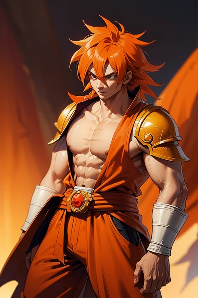 Tanned, young athletic male with long, orange saiyan hair, wearing orange armour plating, wearing red feathers around his waist, also wearing a red cape, in fantasy style,