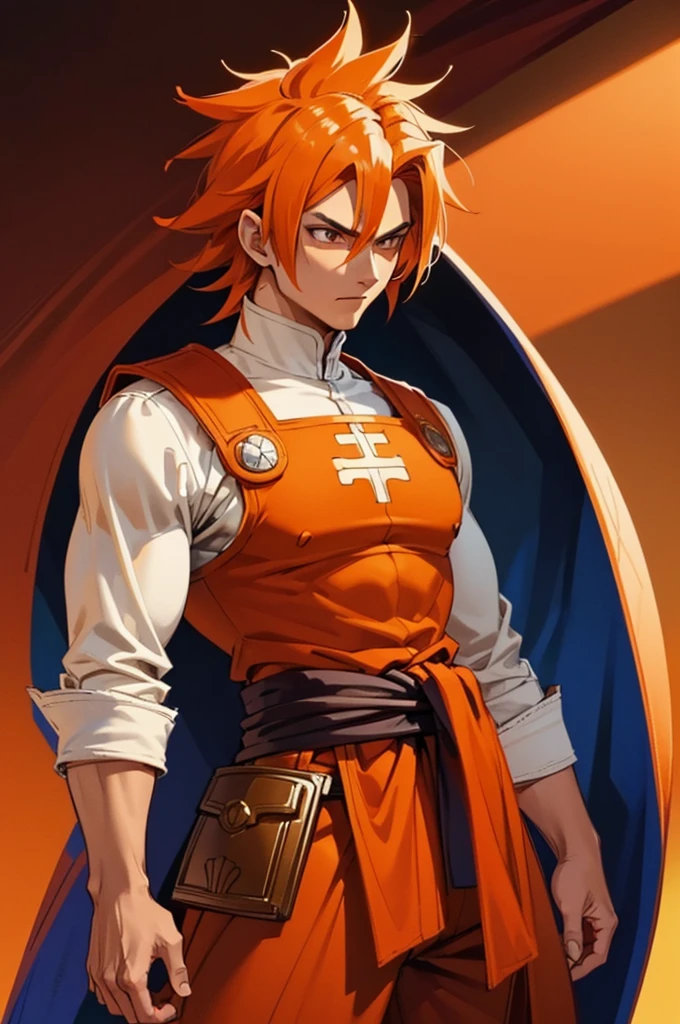 Tanned, young athletic male with long, orange saiyan hair, wearing orange armour plating, wearing red feathers around his waist, also wearing a red cape, in fantasy style,