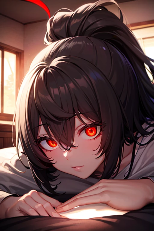A dark silhouette of a girl on you while your in bed in the dark, ((POV)), ((bright red glowing eyes))