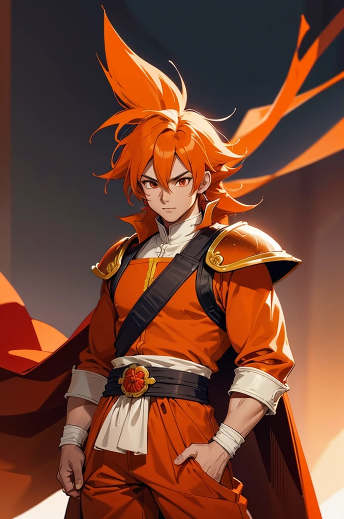 Tanned, young athletic male with long, orange saiyan hair, wearing orange armour plating, wearing red feathers around his waist, also wearing a red cape, in fantasy style,