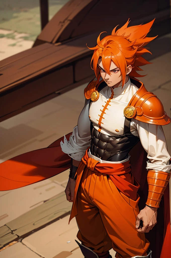 Tanned, young athletic male with long, orange saiyan hair, wearing orange armour plating, wearing red feathers around his waist, also wearing a red cape, in fantasy style,