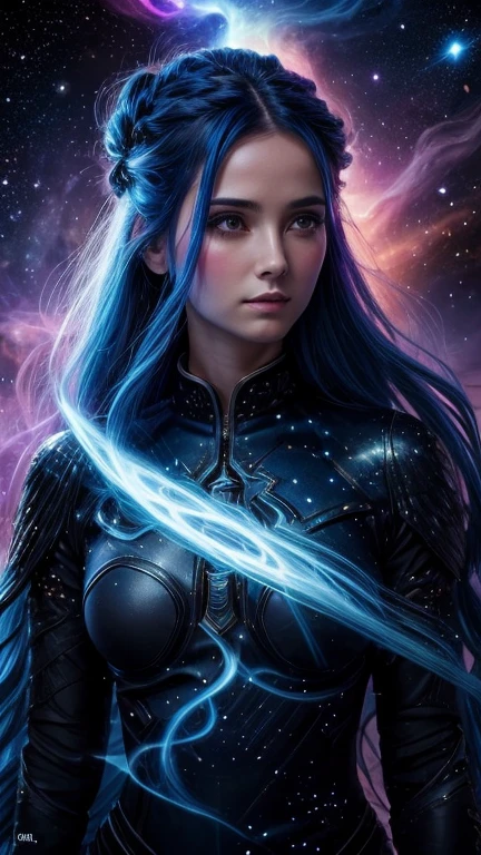 1 woman with hair and stars in her hair, Glowing blue face, Shiny flowing hair, girl with space hair, From blue fire, Yuri Shvedoff and Tom Bagshaw, glowing hair, Portrait of a cosmic goddess, glowing hair, strange portrait with a galaxy, portrait of a cosmic creature, visible smears