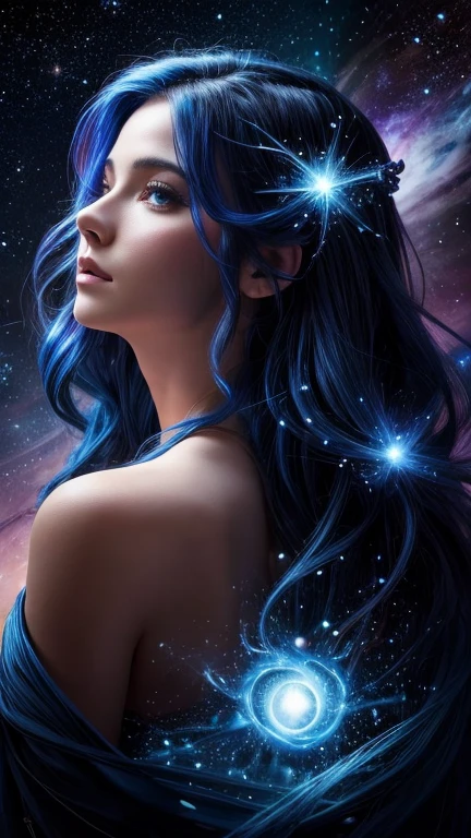 1 woman with hair and stars in her hair, Glowing blue face, Shiny flowing hair, girl with space hair, From blue fire, Yuri Shvedoff and Tom Bagshaw, glowing hair, Portrait of a cosmic goddess, glowing hair, strange portrait with a galaxy, portrait of a cosmic creature, visible smears