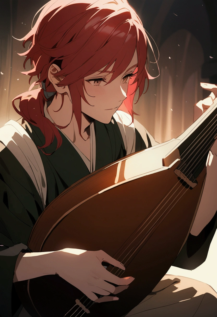 A young bard with red hair playing the lute