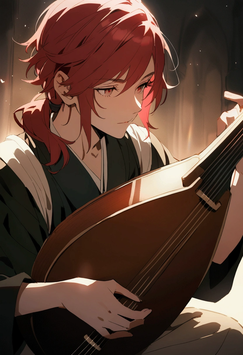 A young bard with red hair playing the lute