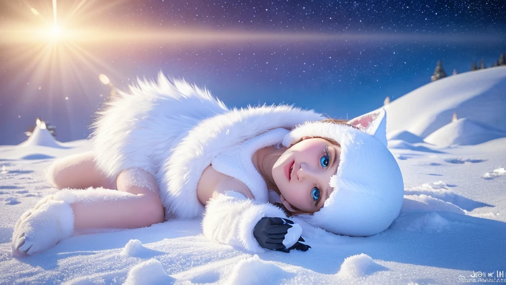 ultra-realistic digital artwork: adorable cute white fox laying upside down over the snowy ground, fox is looking directly at a big falling snowflake with big blue, expressive eyes. fur of the fox is dense & textured, with each hair finely detailed & shimmering with tiny fireflies under a beautiful aurora borealis night sky. winter flower petals fall around it, adding to the magical, serene atmosphere. scene set in a snowscape mountain full of colorful winter flowers