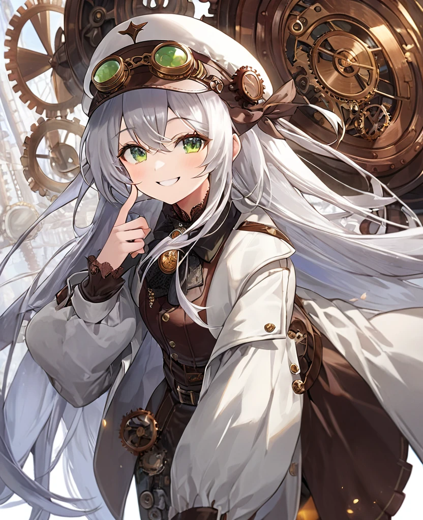 One girl, (masterpiece), Highest quality, Silver Hair, Semi-long hair, Green Eyes, smile, (low length), (Young), Steampunk costumes, Put on a white coat, Fantasy, White Wings, Newsboy cap with goggles, High resolution