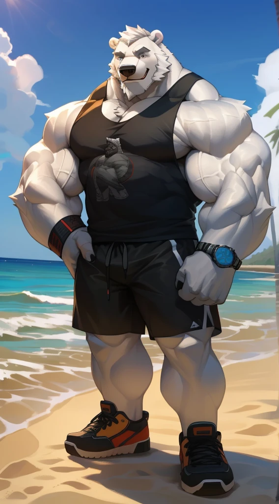 huge muscular polar bear dad in street city, big smile, polar bear, huge white fur, thick arm, huge arm, bearded. white hair and beard, bearded, (muscular, pectoral, wide pectoral, thick arms), beach, palm, realistic, 8k, masterpiece, (wearing blue gym shorts, wristbands, watch and tank top, gym shoes)