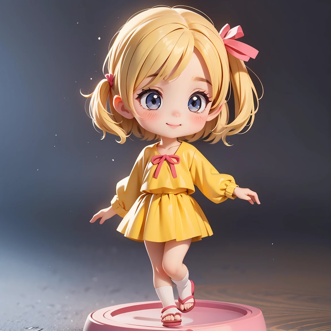  Super Chibi Character：1.8、wearing cute sandals、background：Simple all over、Blonde Hair、Cute 7 year old girl、Random cute outfits、Short legs、Sandals with ribbon、Dancing happily、Dancing happily