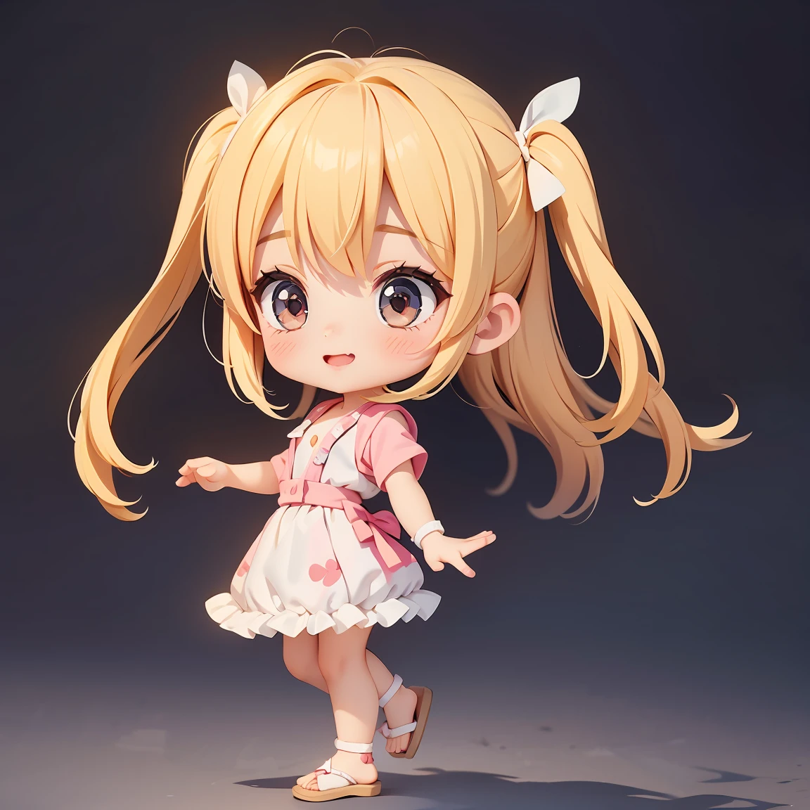 Super Chibi Character:1.8、wearing cute sandals、background:Simple all over、Blonde Hair、Cute 7 year old girl、Random cute outfits、Short legs、Sandals with ribbon、Dancing happily、Dancing happily