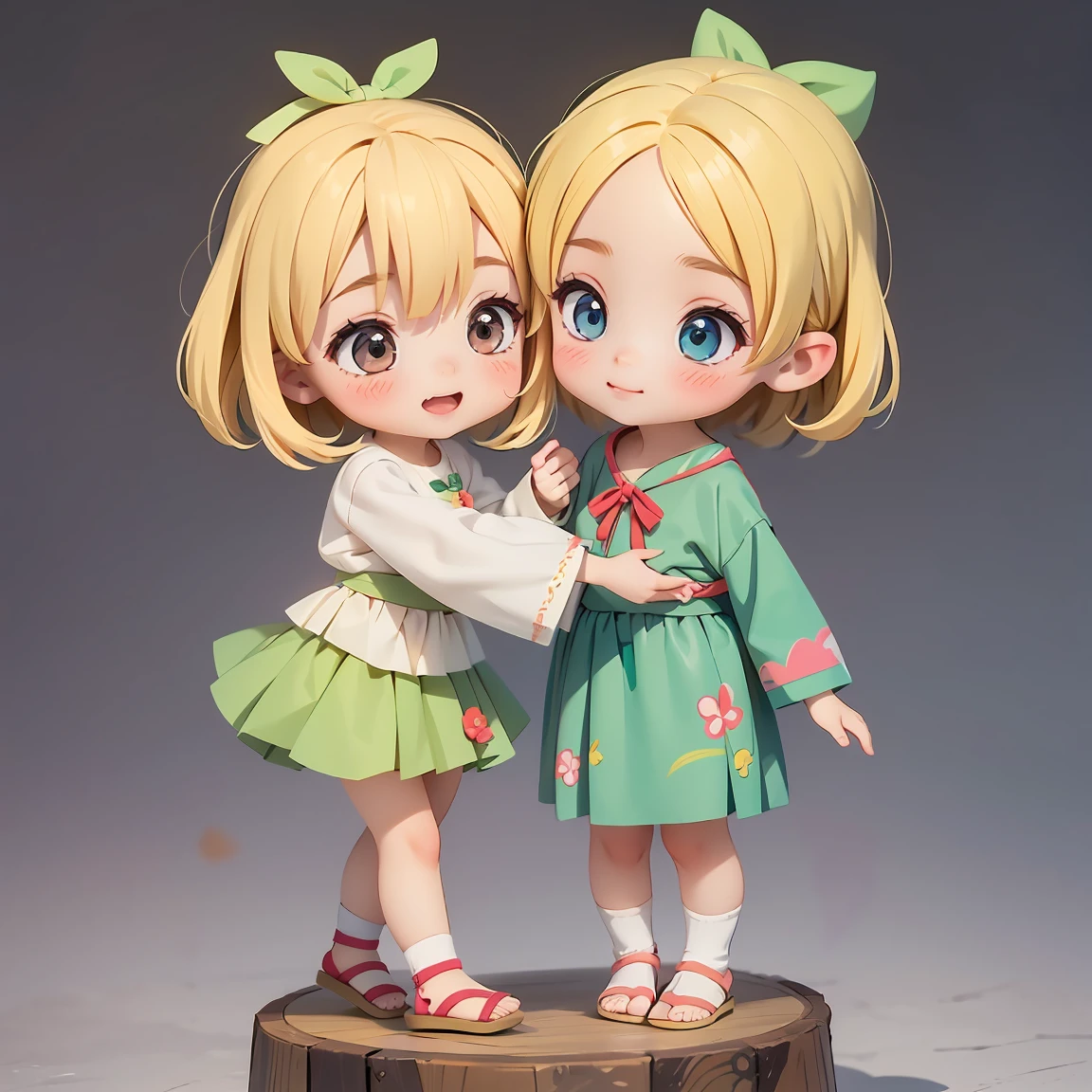 Super Chibi Character:1.8、wearing cute sandals、background:Simple all over、Blonde Hair、Cute 7 year old girl、Random cute outfits、Short legs、Sandals with ribbon、Dancing happily、Dancing happily
