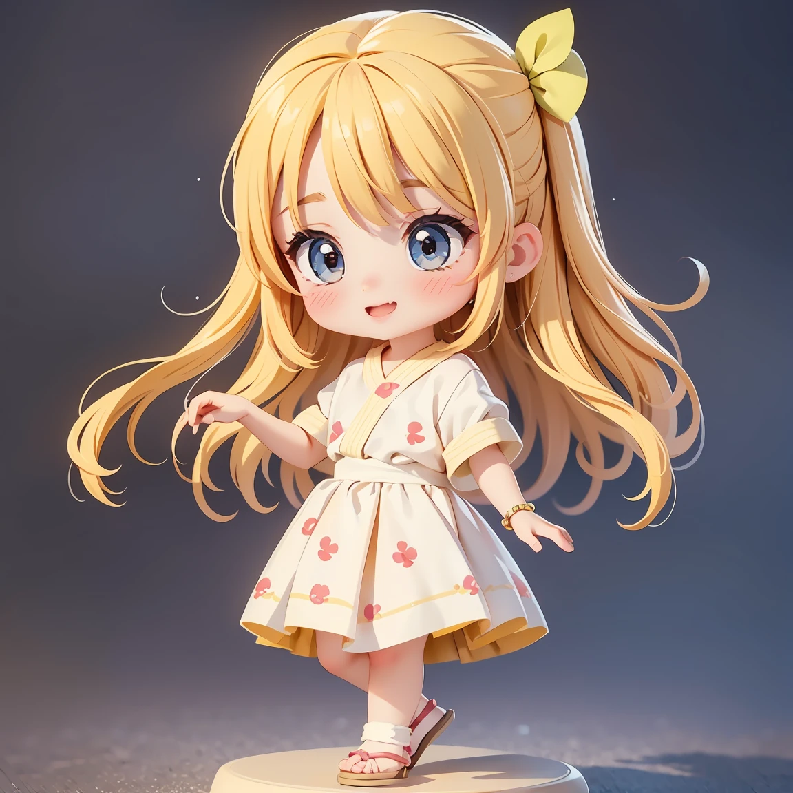 Super Chibi Character:1.8、wearing cute sandals、background:Simple all over、Blonde Hair、Cute 7 year old girl、Random cute outfits、Short legs、Sandals with ribbon、Dancing happily、Dancing happily