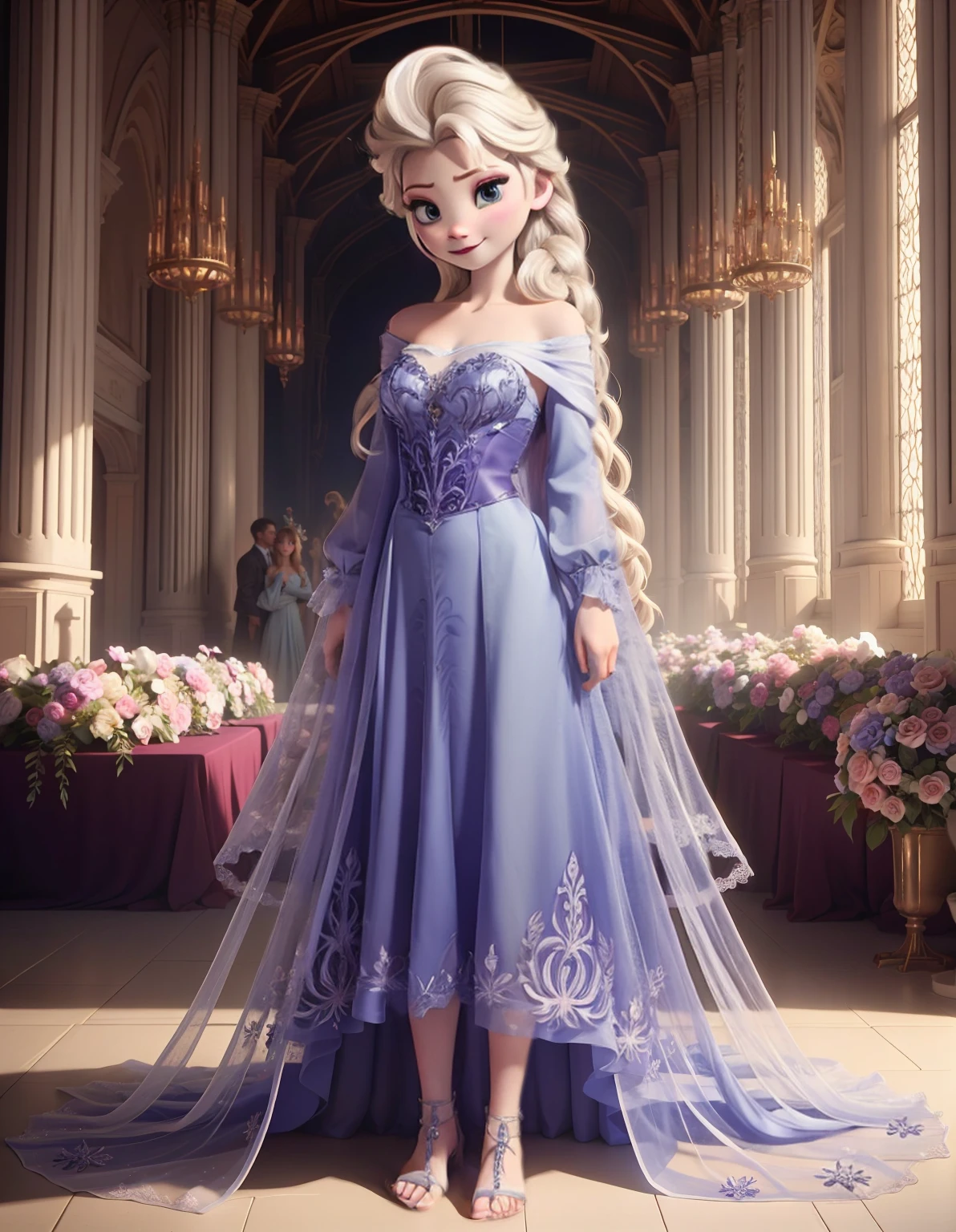 ((Full body shot, standing, feet on the ground)) prendre la moitié desvétements,(seins clairs:1.2), Elsa, visage potelé, maquillée, Détail du visage, rougir, fard à paupières violet, rose sur les cheveux, Haut du corps, arrière-plan, regardant d'un côté, chemise à moitié traversante, Robe blanche,