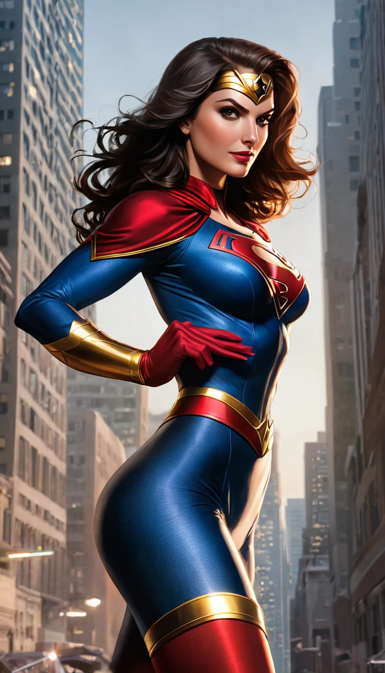 A superheroine inspired by DC's Catwoman and Marvel's Emma Frost, NSFW, wears tight, shiny black leather clothing, the their perfect, athletic figure emphasized. Her sexy outfit includes high boots, that go down to the ankles, and leather gloves. Her hair falls in white curls around her perfect, cold, angular face around. She has pointed ears, reminiscent of Catwoman's cat species, and the glamorous, diamond-studded mask of Emma Frost adorns her eye. Her lips shine in deep red, which goes well with the red collar and gloves. Her nipple, Waist and hips follow the rule of three, which emphasizes symmetry and attractiveness. Her gaze exudes grace and power. She moves with the grace and elegance of Catwoman, but radiates the elegance and coldness of Emma Frost.