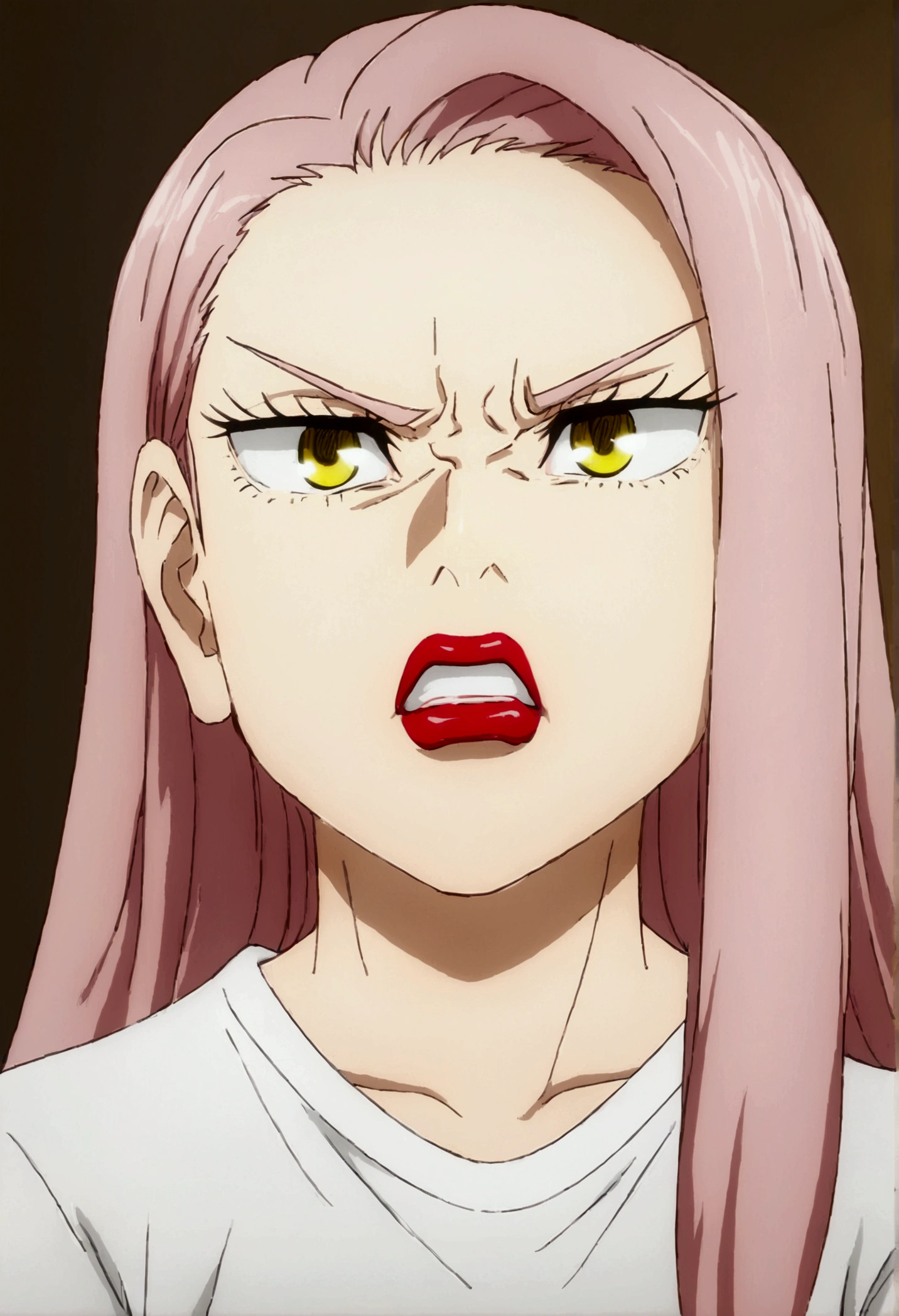 Blonde hair girl, yellow  eyes, pink  hair, regatta t-shirt, bind ready, mocking look, Angry, Red lips.