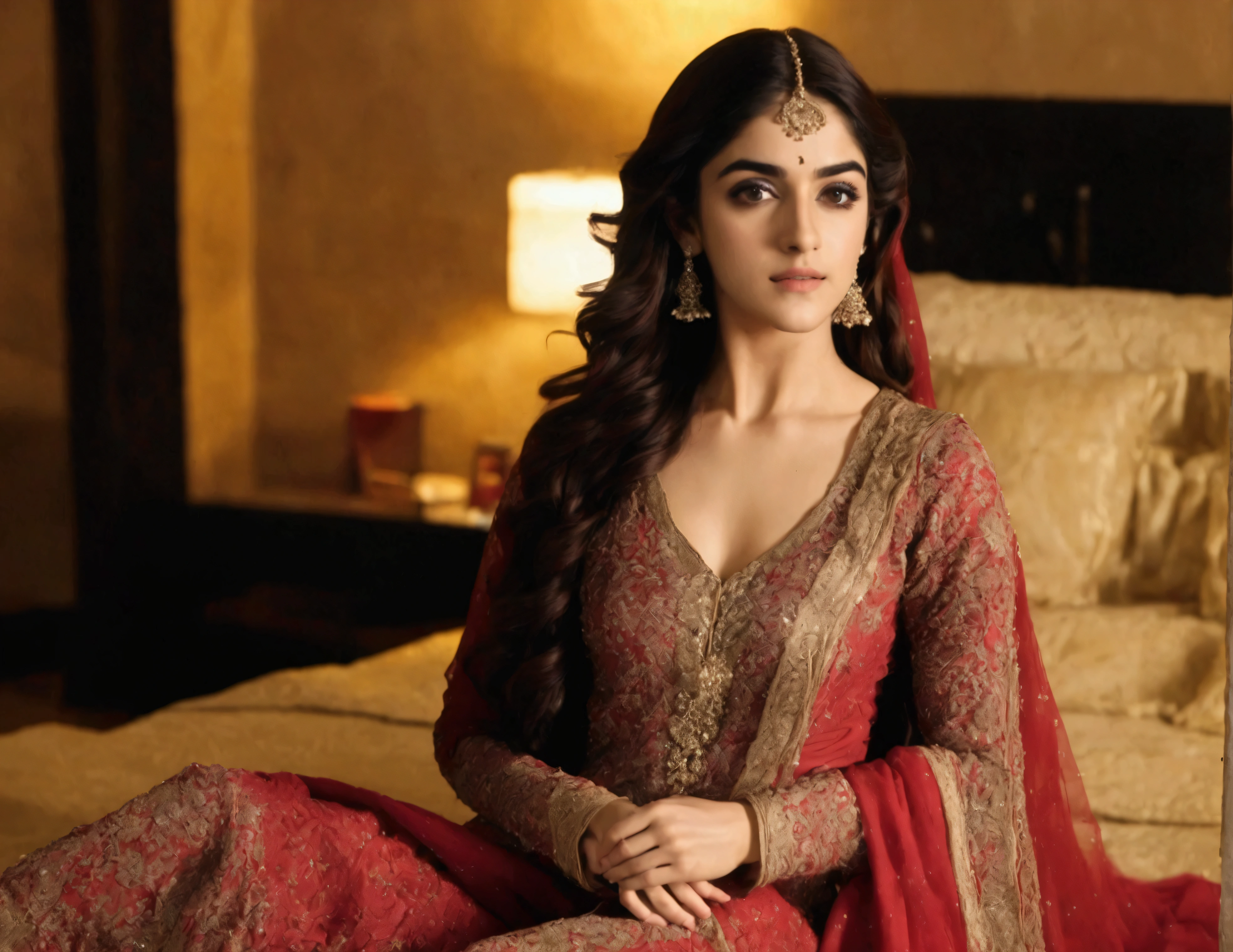 Maya Ali, horny, open legs, spread pussy, caressing breast, inviting viewer, large dark comfy bed, sex toys