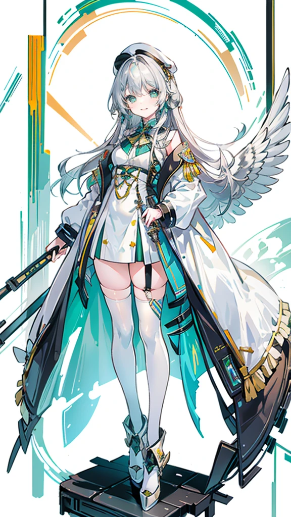 One girl, (masterpiece), Highest quality, Silver Hair, Semi-long hair, Green Eyes, smile, (low length), (Young), Steampunk costumes, Put on a white coat, Fantasy, White Wings, Newsboy cap with goggles, High resolution