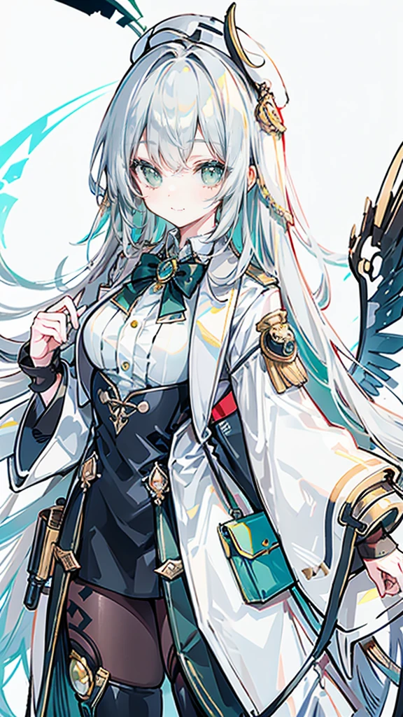 One girl, (masterpiece), Highest quality, Silver Hair, Semi-long hair, Green Eyes, smile, (low length), (Young), Steampunk costumes, Put on a white coat, Fantasy, White Wings, Newsboy cap with goggles, High resolution