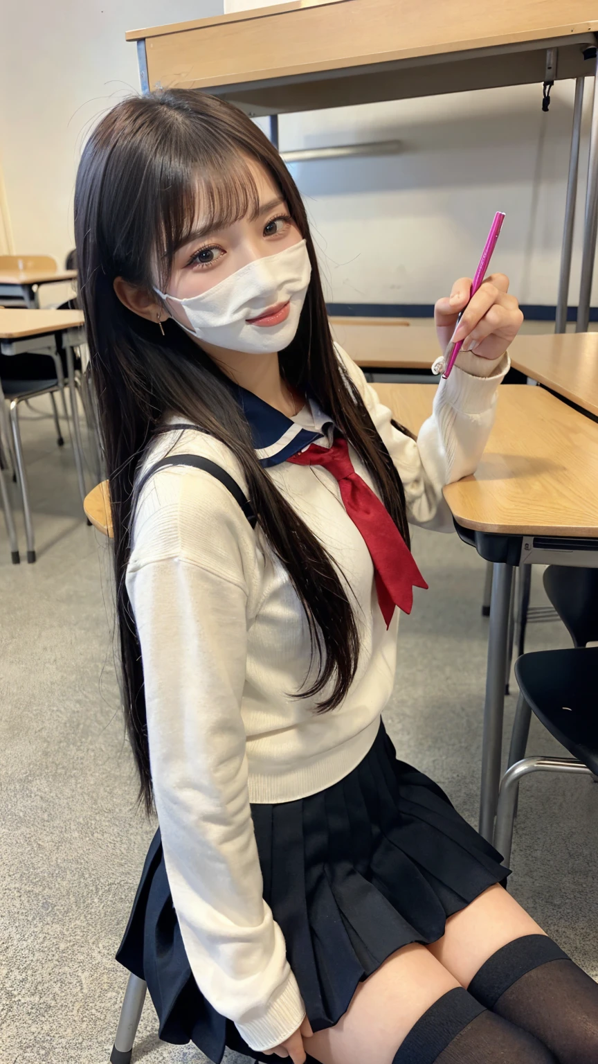 ((masterpiece, Highest quality)),Best aesthetics,One Girl, , mechanical, Sitting, school mechanical, Black hair straight, classroom, Long Hair, indoor, Chair, View your audience, :p, Focus Only, Brown eyes, mini skirt, Long sleeve, pencil, 1 boy, pencil case, paper, Black Seraphim, Multiple Girls, Pleated skirt, Sailor collar, bangs, Headrest, school bag, school Chair,smile,Knee-high socks,mouth mask,Selfie