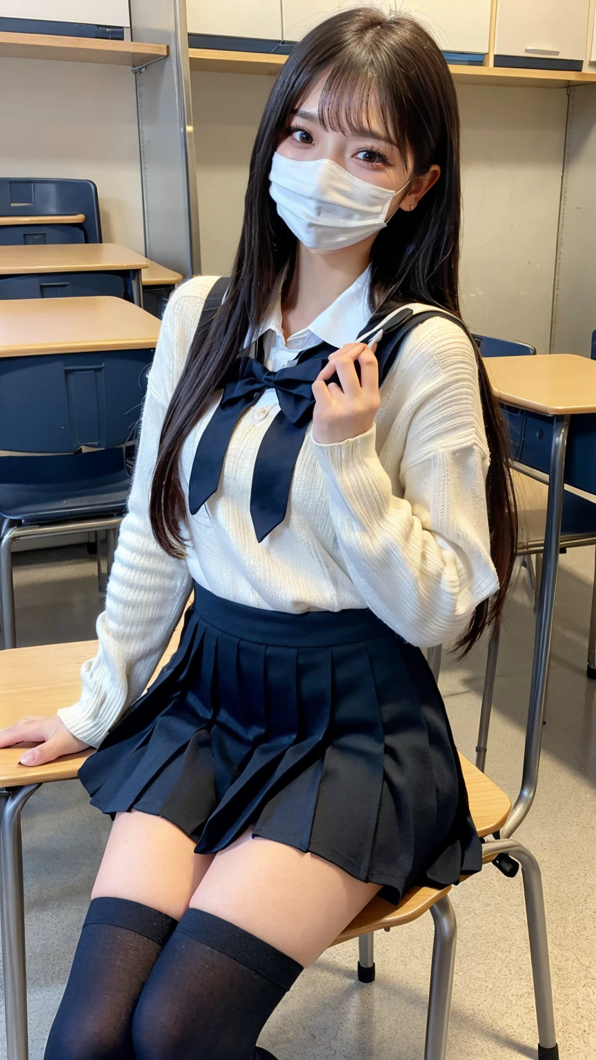 ((masterpiece, Highest quality)),Best aesthetics,One Girl, , mechanical, Sitting, school mechanical, Black hair straight, classroom, Long Hair, indoor, Chair, View your audience, :p, Focus Only, Brown eyes, mini skirt, Long sleeve, pencil, 1 boy, pencil case, paper, Black Seraphim, Multiple Girls, Pleated skirt, Sailor collar, bangs, Headrest, school bag, school Chair,smile,Knee-high socks,mouth mask,Selfie