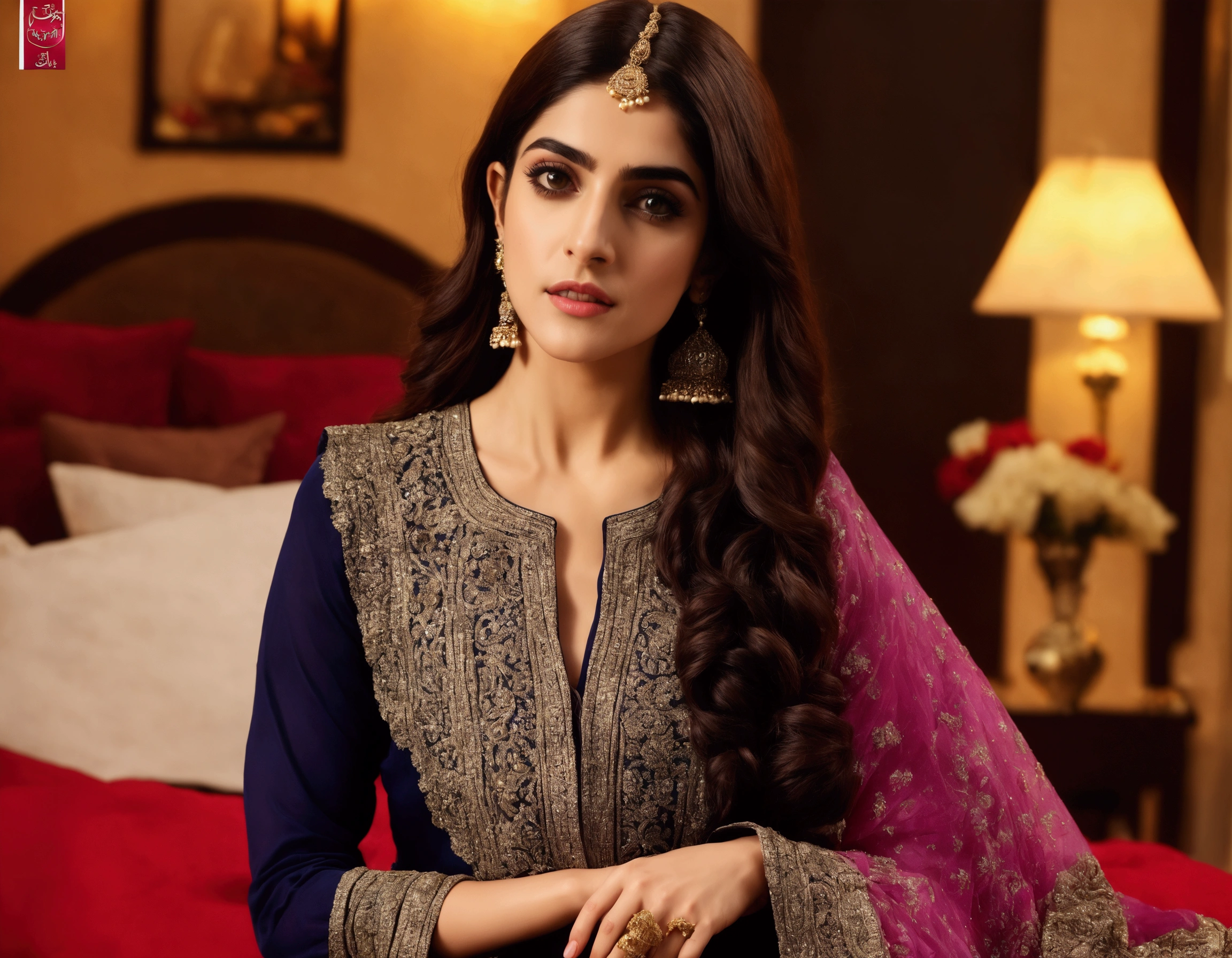 Maya Ali, horny, open legs, spread pussy, caressing breast, inviting viewer, large dark comfy bed, sex toys
