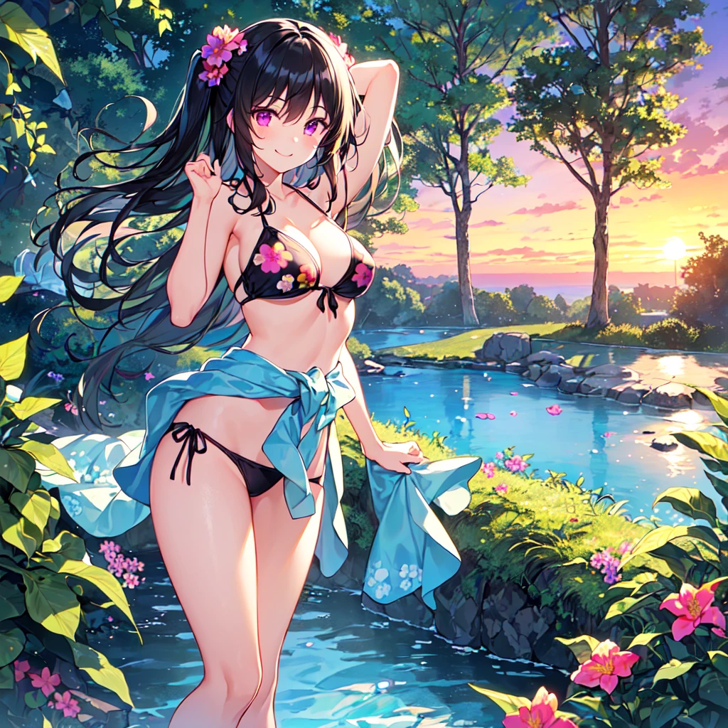 masterpiece, best quality, high quality, extremely detailed, very delicate and beautiful, (1 female 18 years old solo:1.5), (long black hair up to waist with two side up:1.5), bangs to eyebrows, eyes (eyes sharp, strong, glossy, glossy eyebrows), (eye color magenta:1.3), 6.5 head height, (bikini swimsuit summer flower print:1.3), ruffled, (smiling), (standing:1.3), (dynamic pose), (background waterfall forest:1.3) ,(sunset:1.3)