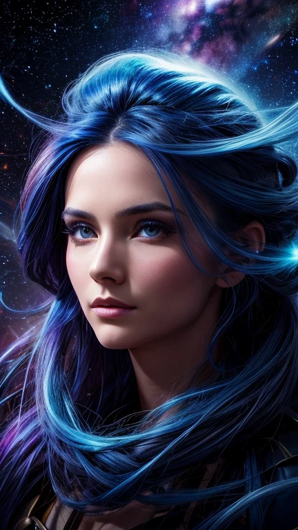 1 woman with hair and stars in her hair, Glowing blue face, Shiny flowing hair, girl with space hair, From blue fire, Yuri Shvedoff and Tom Bagshaw, glowing hair, Portrait of a cosmic goddess, glowing hair, strange portrait with a galaxy, portrait of a cosmic creature, visible smears