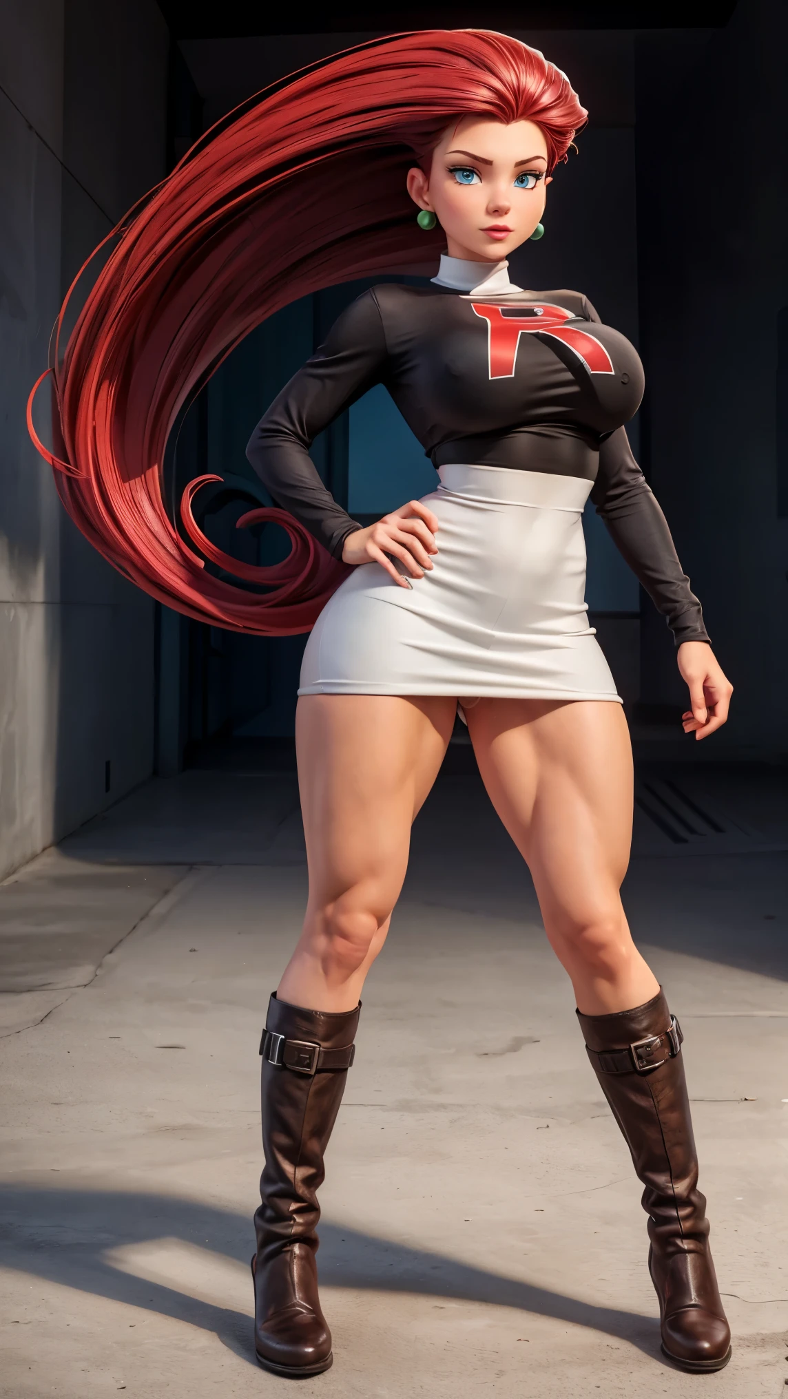 ultra HD, work of art, precise, anatomically correcte, super detaill, High details, high qualiy, best qualityer, 8k, high resolution. Jessie looks beautiful in a full body photo. Blue eyes and long red hair combed back make her a goddess of beauty. Jessie wears a long-sleeved blouse that fits her body, with a big "R" red printed in the center, symbolizing Team Rocket. This detail is essential for team identification and stands out against the white background., the bottom of the outfit consists of a short skirt, also white, that complements the top. This combination creates a look that is both practical for your adventures and stylish., Jessie completes her outfit with long boots, usually black, That go down to your knees. These boots are not only functional for your activities, but they also add a touch of sophistication to your look. She is very sexy, drawing attention to her large breasts and muscular body.