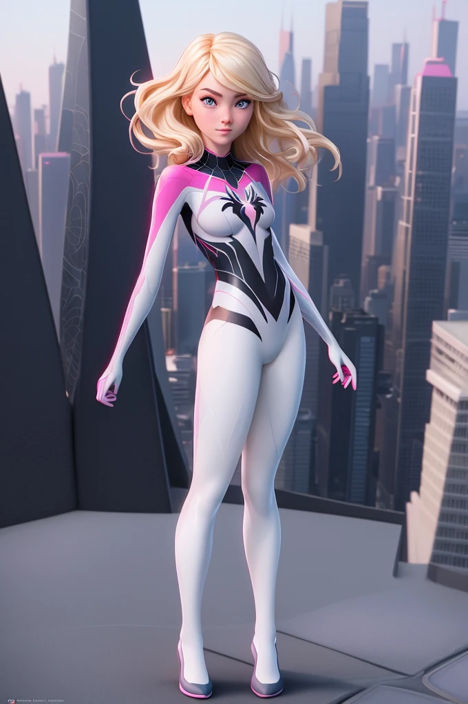 ((Full body shot, standing, feet on the ground)) close up 1girl in, teenager, Solo, Aesthetic artwork, blond, straight blonde hair, super long blonde hair, light blue eyes,  some small freckles, pale skin, A-cup, small , runners body, (thin hips, thin waist: 1.25), detailed skin, shy smile, (action shot falling: 1.25), ((She wears Spider-gwen suit from into the spider verse)), pink and black color scheme, spider web pattern, very detailed city roof background, rooftop, overlooking the city, 50mm, 4k textures, soft cinematic light, RAW intricate, elegant, highly detailed, sharp focus, ((((cinematic look)))), soothing tones, insane details, intricate details, hyperdetailed, low contrast, soft cinematic light, dim colors, exposure blend, hdr, faded