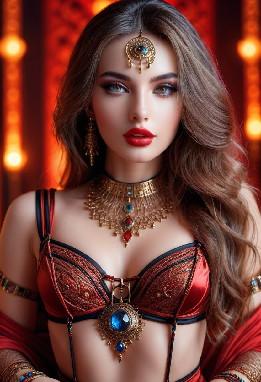 a beautiful sexy woman izabela ion, Extremely detailed face and eyes, long eyelashes, beautiful detailed lips, elegant and intricate bracelet, tight bondage, sensual harem girl costume, Very detailed, photorealistic, 8k, studio lighting, vivid colors, cinematographic composition (