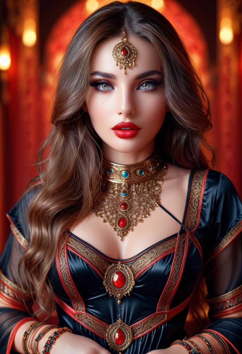 a beautiful sexy woman izabela ion, Extremely detailed face and eyes, long eyelashes, beautiful detailed lips, elegant and intricate bracelet, tight bondage, sensual harem girl costume, Very detailed, photorealistic, 8k, studio lighting, vivid colors, cinematographic composition (