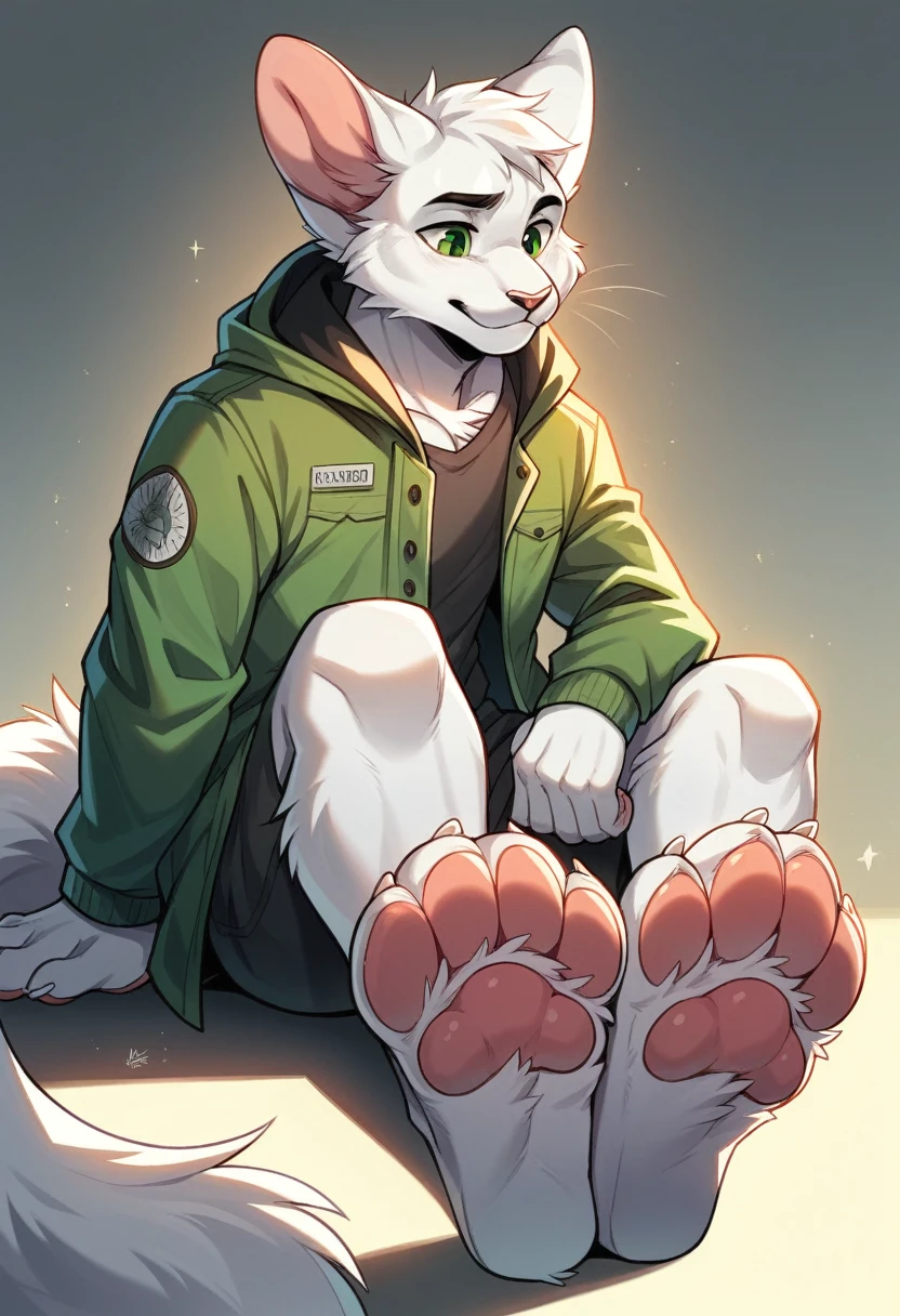 anthro, cat, white fur, green eyes, green jacket, big ears, Macro, Fußfocus, alone, good lighting, Focus on feet, Sit, closes his feet around the penis of another furry, fluffy, pelzig paws, Paw pads, schwarze Paw pads,