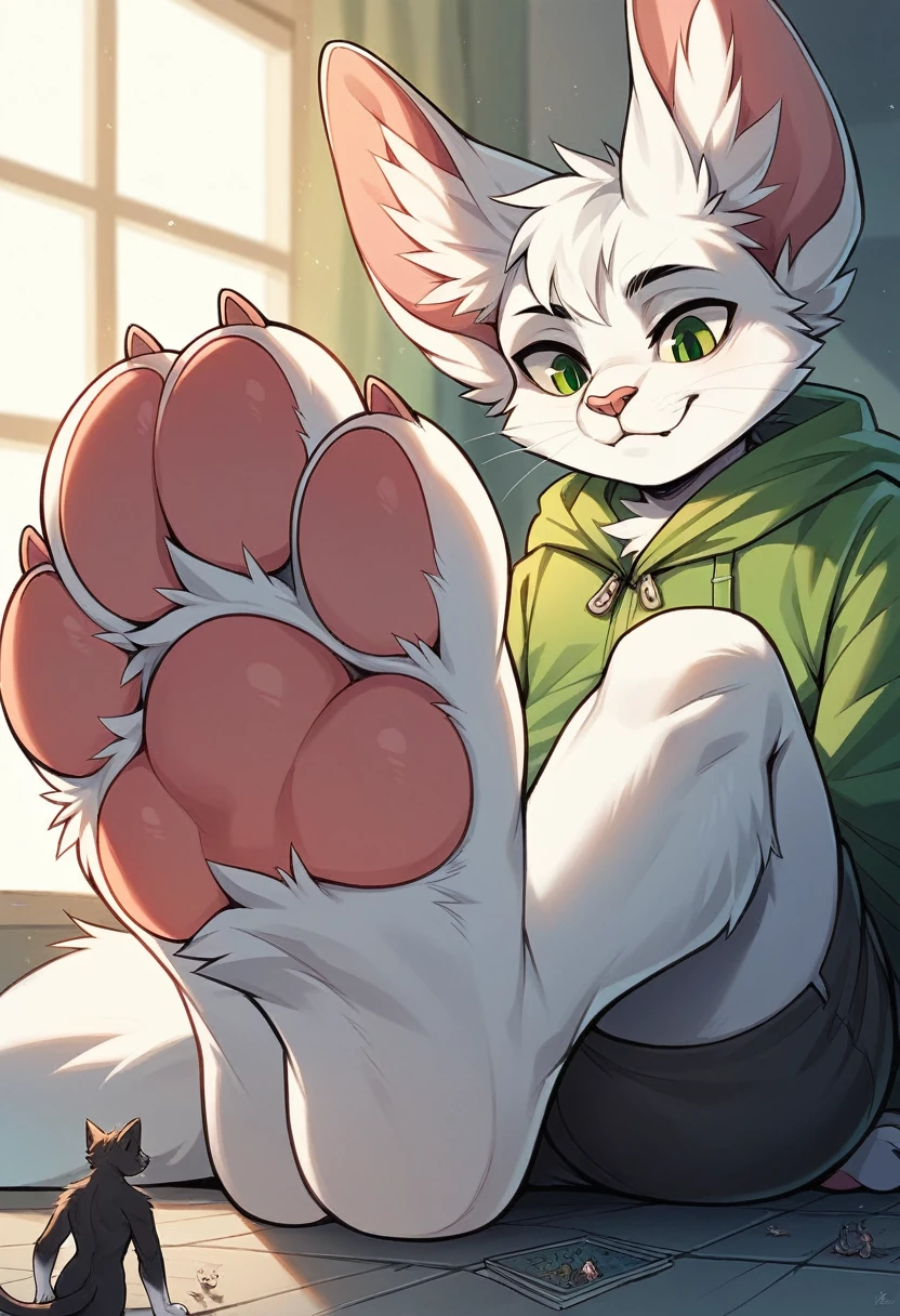 anthro, cat, white fur, green eyes, green jacket, big ears, Macro, Fußfocus, alone, good lighting, Focus on feet, Sit, closes his feet around the penis of another furry, fluffy, pelzig paws, Paw pads, schwarze Paw pads,
