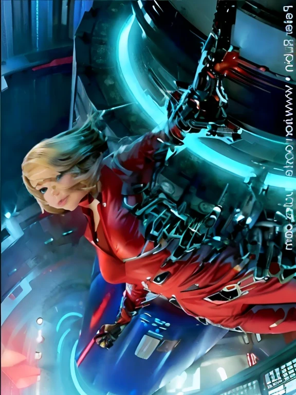 Araffe in a red leather jacket leaning on a circular object, Kristanna Loken, Natalie Portman and Star Trek, science fiction movie still, as a retrofuturistic heroine, Frame of the Avengers, Epic Sci-Fi Movie Still, science fiction movie frame, an Epic Sci-Fi Movie Still, Elizabeth Olsen as Scarlet Witch, in a science fiction movie, wonder movie still