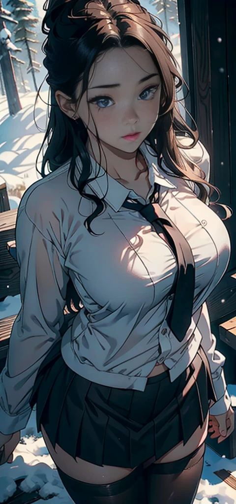 1female，25 age old，Large breasts，Pornographic exposure， solo，（Background with：ports，coniferous forest，at winter season，Snow on the ground） with his long black hair， nakeness，Bikini，standing on your feet，Sweat profusely，drenched all over the body，seen from the front， curlies， mostly cloudy sky，（（（tmasterpiece），（Very detailed CG unity 8K wallpaper），best qualtiy，cinmatic lighting，detailed back ground，beatiful detailed eyes，Bright pupils，（Very fine and beautiful），（Beautiful and detailed red eye description），ultra - detailed，tmasterpiece，）），facing at camera，A high resolution，ultra - detailed），revealing breasts，Bare genitals， Bulge，Camel toes，Raised sexy，Flushed complexion，Open-mouthed，frontage，Japanese high school  girl（Wearing：White shirt，black necktie，JK skirt，Pantyhose）