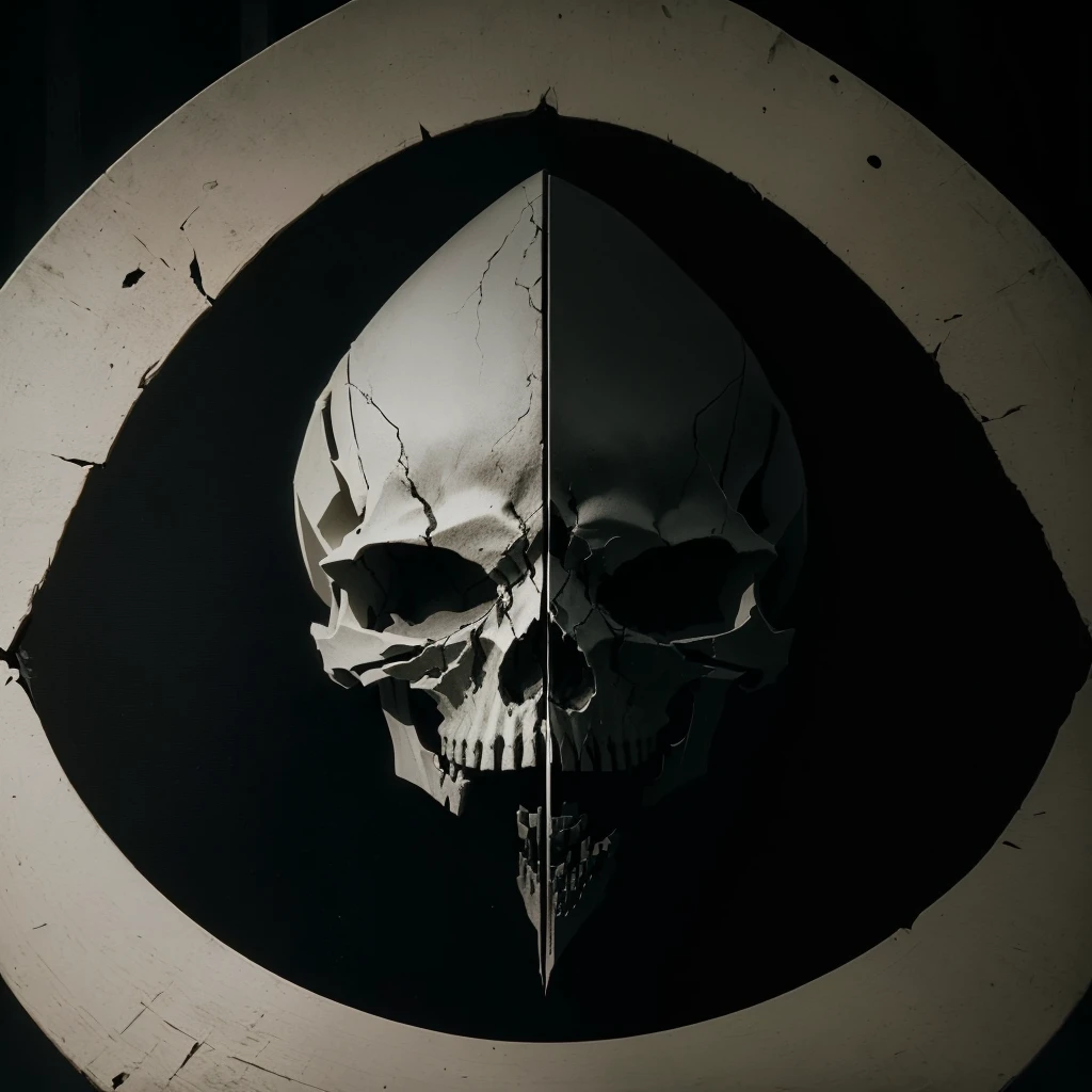 in the center of the circle there is a skull and a knife, Skull on the screen, Above the table lies a skull, In this ominous scene, symmetrical work of art. cinematic, A skeleton face symmetrical face, half skull face, Dark, half skull half face, skull like, Dishonored 2, ( ( ( A skeleton ) ) ), bittersweet