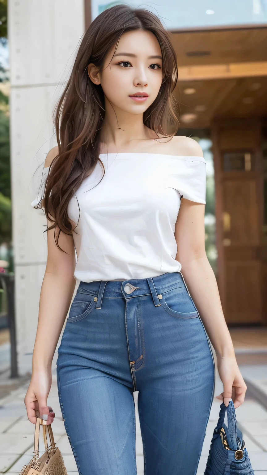 One girl,Highest quality,masterpiece,figure,Very delicate and beautiful,CG,Unity,8k wallpaper,wonderful,In detail,masterpiece,Official Art,Highly detailed off-the-shoulder T-shirt:1.4),(Skinny jeans:1.3),(Woven_Handbags:1.2), background:Love Hotel